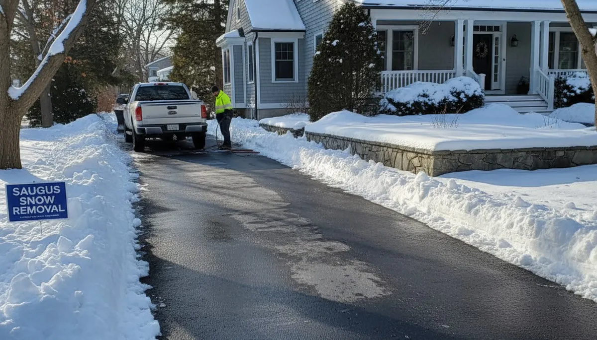Cleared residential driveway after professional snow removal by Chop Chop Landscaping in Saugus, MA
