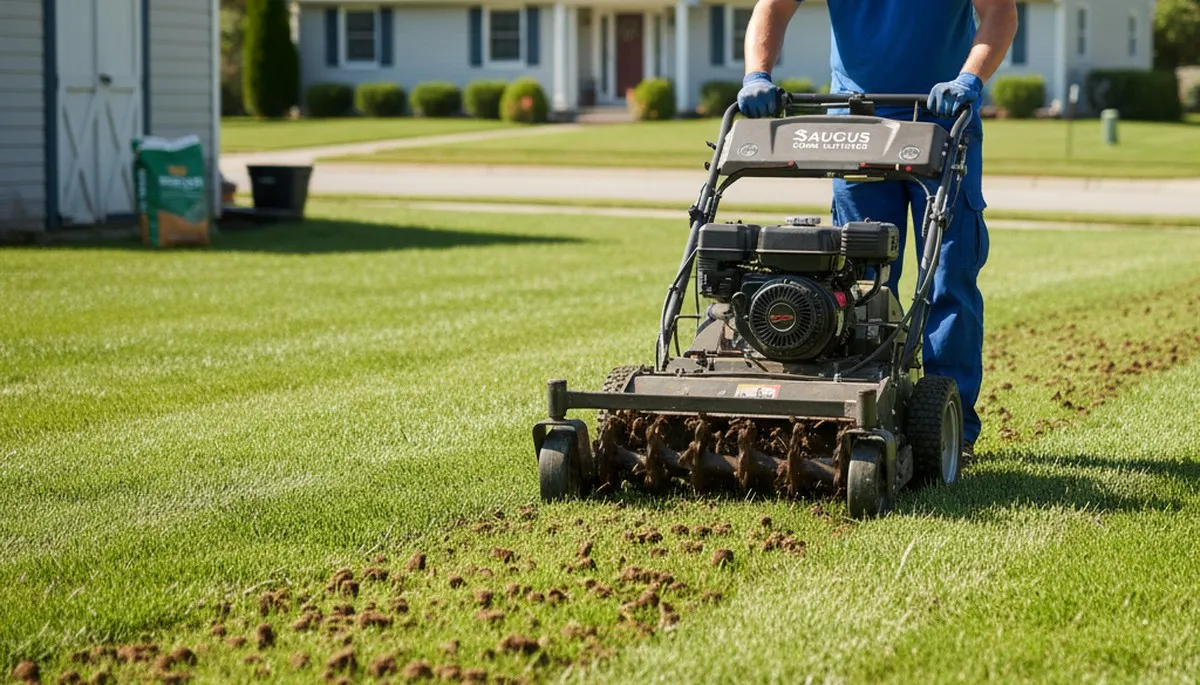 Professional lawn core aeration on residential yard in Saugus, MA by Chop Chop Landscaping