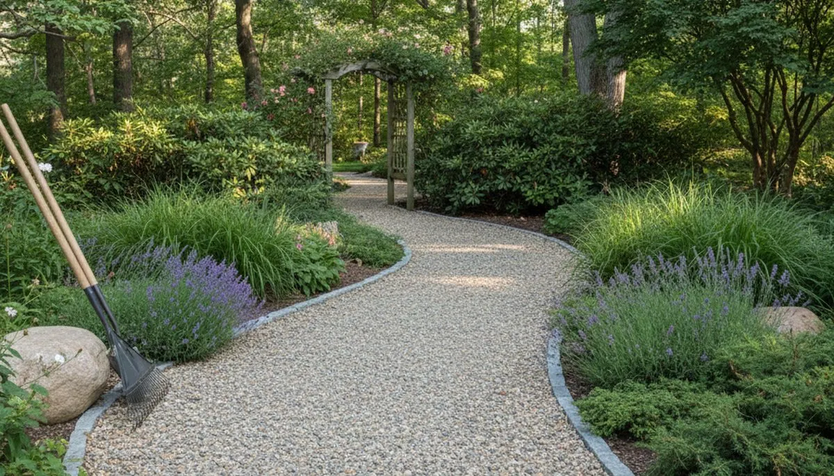 Pea gravel garden path with natural landscaping in Saugus, MA by Chop Chop Landscaping