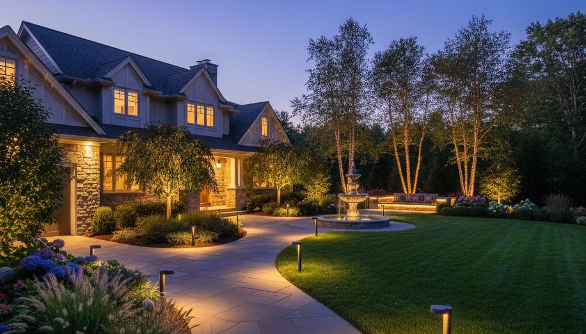 Landscape lighting at dusk highlighting walkways and gardens by Chop Chop Landscaping in Saugus, MA