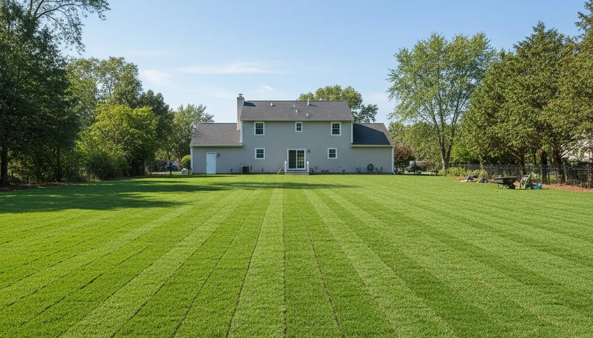 Fresh sod lawn installation with lush green turf by Chop Chop Landscaping in Saugus, MA