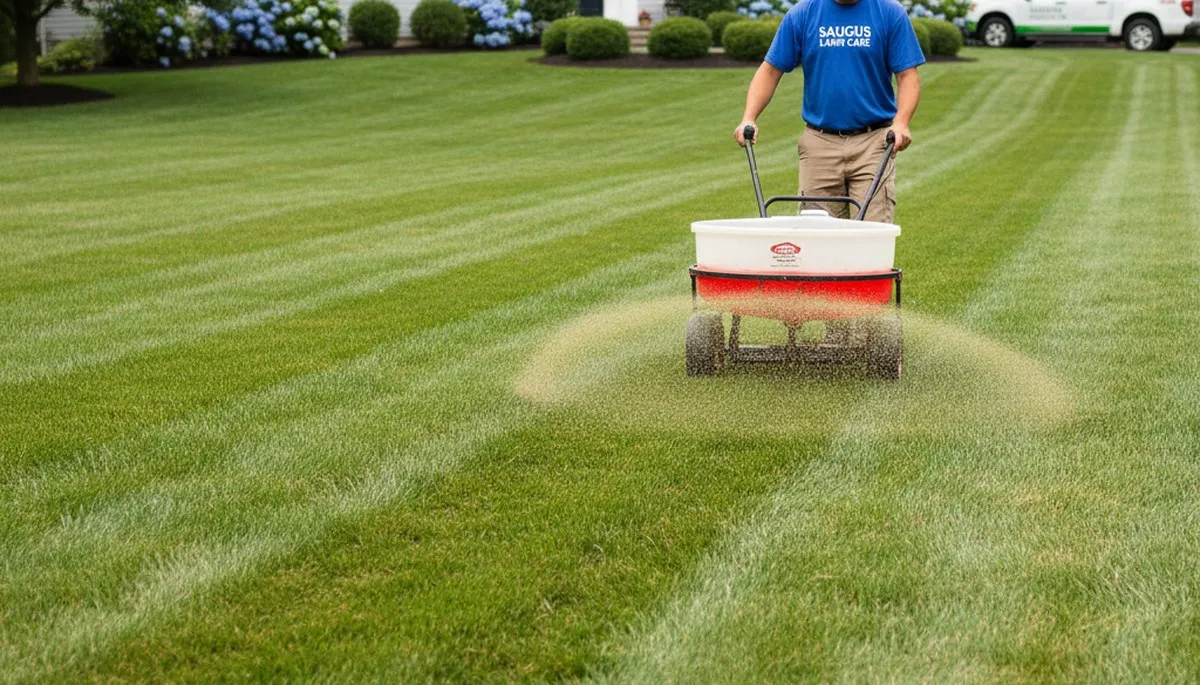 Lawn care technician applying fertilizer with broadcast spreader on residential lawn in Saugus, MA
