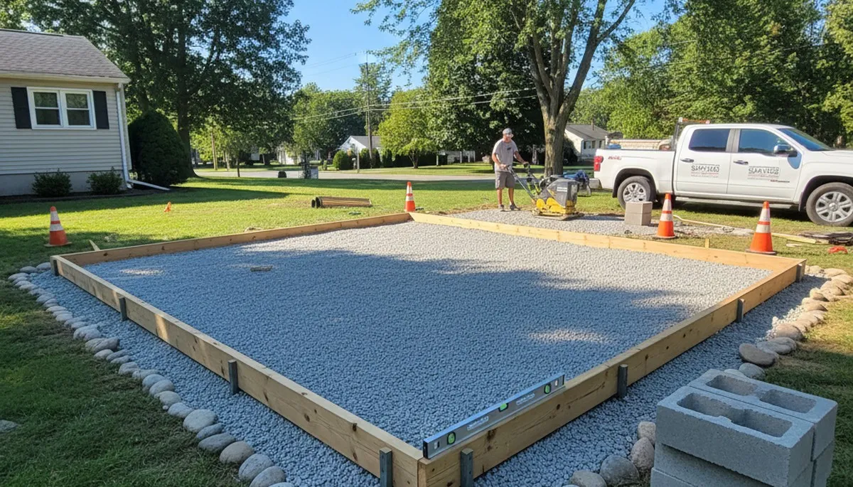 Shed foundation base preparation with level gravel pad and drainage by landscapers in Saugus, MA