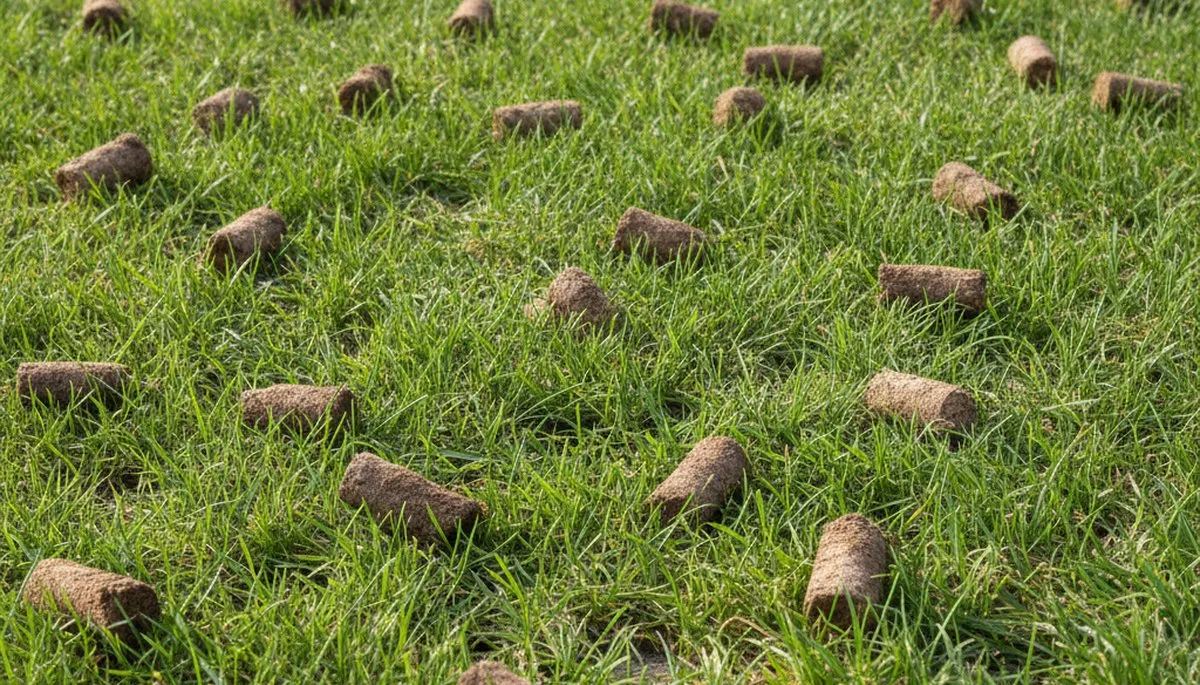 Close-up of soil core plugs from professional lawn aeration by Chop Chop Landscaping in Saugus, MA