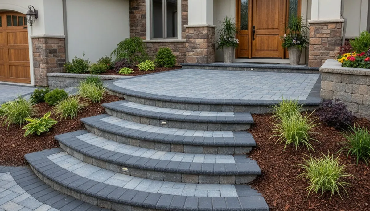 Stone paver entry steps with level transitions at a Saugus MA home by Chop Chop Landscaping